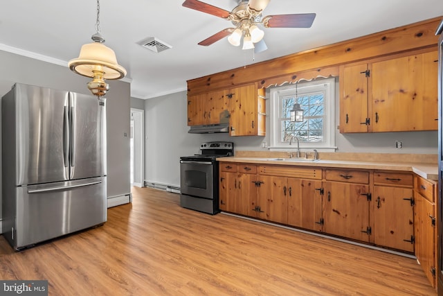 kitchen with a sink, visible vents, ornamental molding, appliances with stainless steel finishes, and light wood-type flooring