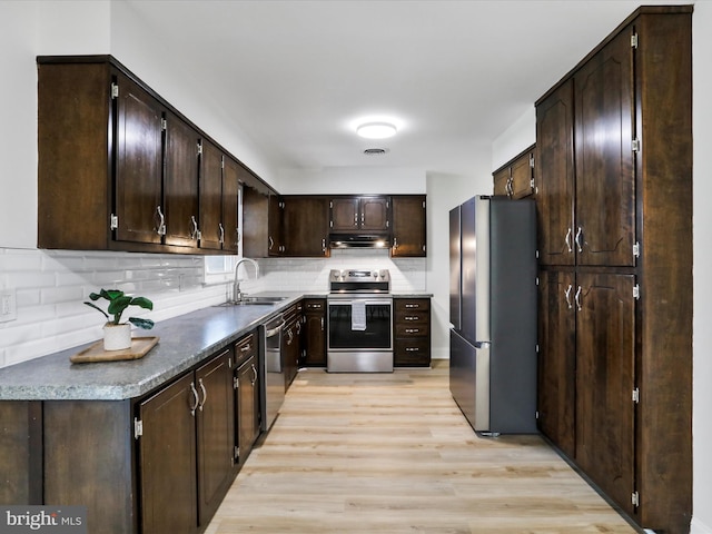 kitchen featuring sink, stainless steel appliances, light hardwood / wood-style flooring, decorative backsplash, and dark brown cabinets