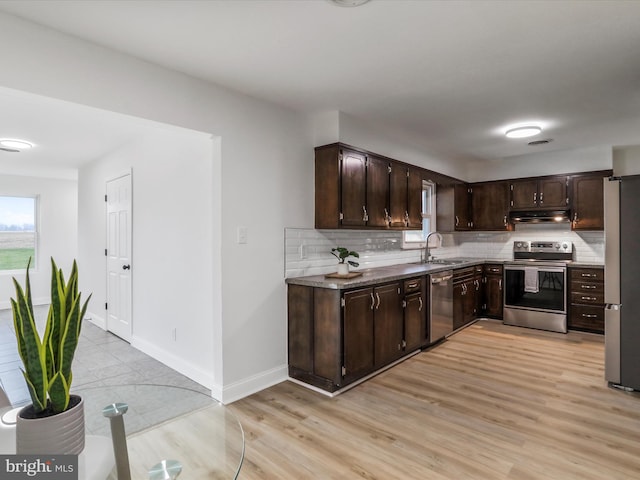 kitchen featuring decorative backsplash, sink, dark brown cabinetry, and stainless steel appliances