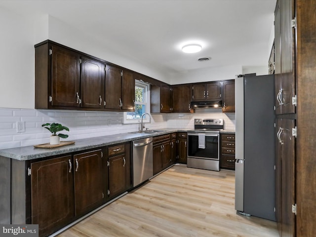 kitchen featuring dark brown cabinetry, sink, stainless steel appliances, light hardwood / wood-style flooring, and backsplash