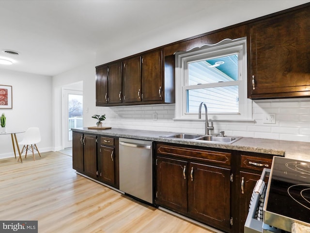 kitchen featuring sink, light hardwood / wood-style flooring, stainless steel dishwasher, dark brown cabinets, and range