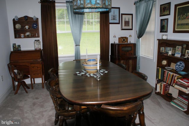 dining space with light colored carpet