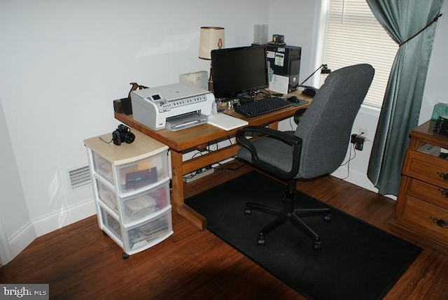 home office featuring dark hardwood / wood-style flooring