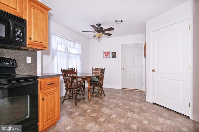 kitchen featuring decorative backsplash, ceiling fan, and black appliances