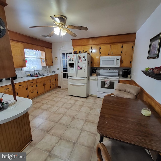 kitchen with ceiling fan, decorative backsplash, white appliances, and sink