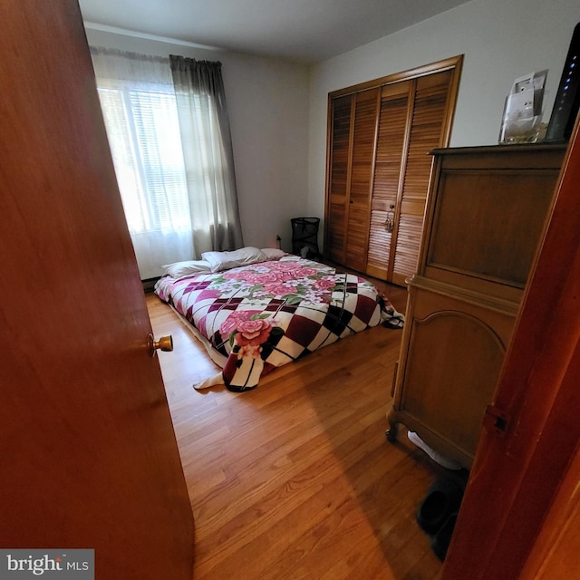 bedroom featuring a closet and light hardwood / wood-style flooring