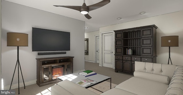 living room with light colored carpet and ceiling fan