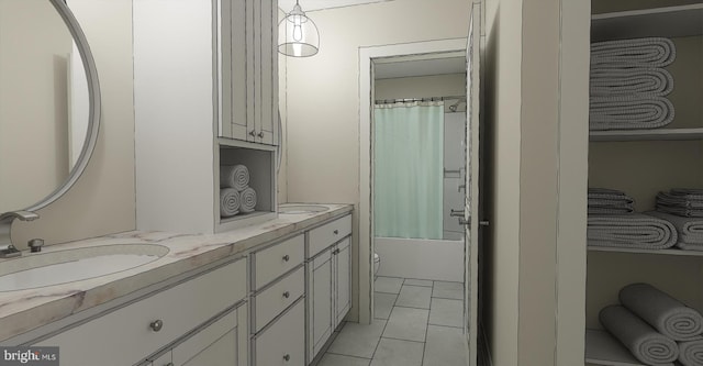 full bathroom with tile patterned floors, vanity, shower / bath combination with curtain, and toilet