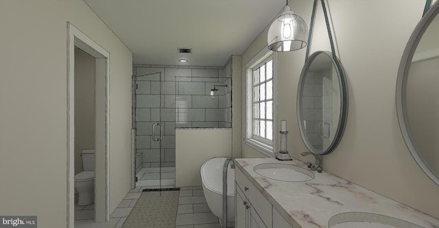 bathroom featuring tile patterned flooring, a healthy amount of sunlight, an enclosed shower, and toilet