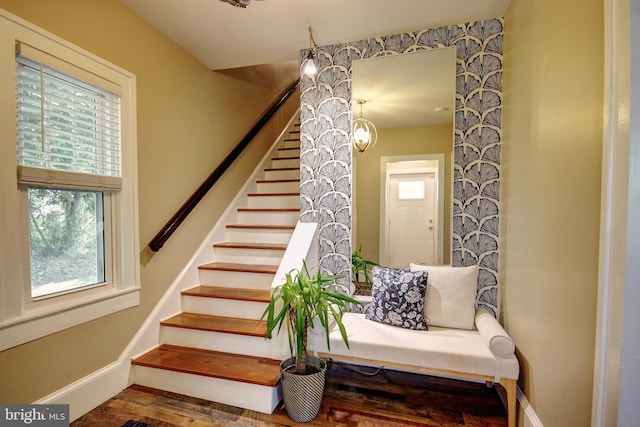 stairway featuring hardwood / wood-style floors