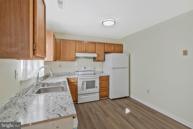 kitchen with hardwood / wood-style flooring, white appliances, and sink