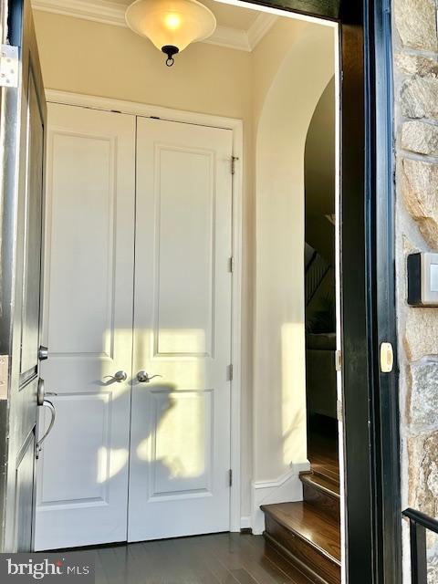 entryway featuring dark wood-type flooring and ornamental molding