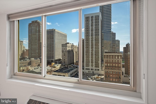 interior space with a city view