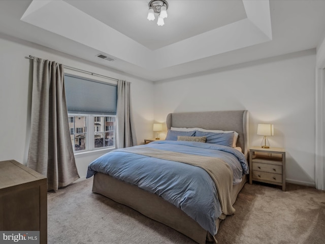 bedroom featuring a raised ceiling and light carpet