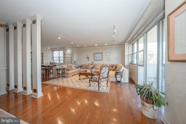 living room featuring rail lighting, wood finished floors, a wealth of natural light, and ornate columns