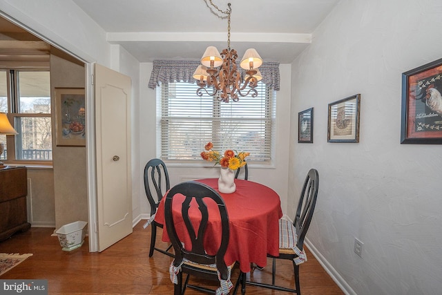 dining area featuring baseboards, a notable chandelier, wood finished floors, and a healthy amount of sunlight