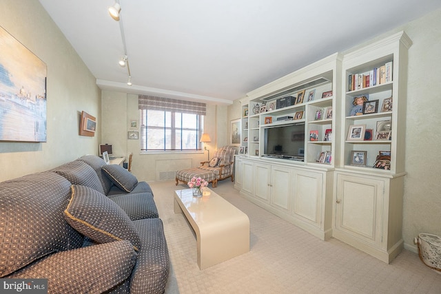 living room with light carpet and track lighting