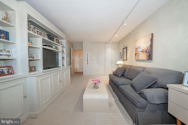 living room featuring rail lighting and built in features