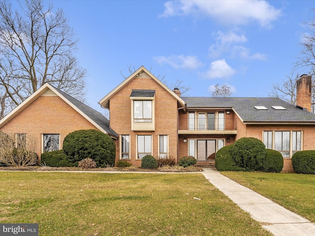 front facade featuring a balcony and a front yard