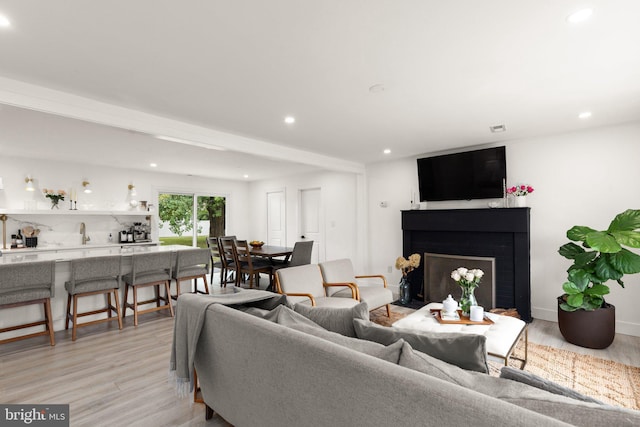 living room featuring light hardwood / wood-style floors and sink