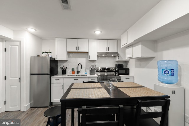 kitchen with appliances with stainless steel finishes, tasteful backsplash, sink, wood-type flooring, and white cabinetry