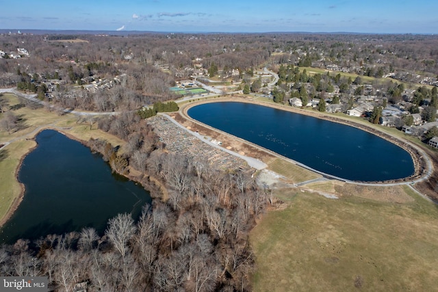 drone / aerial view with a water view