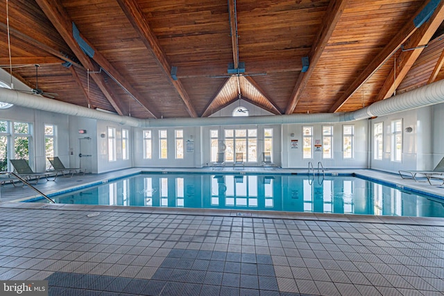 view of pool featuring ceiling fan