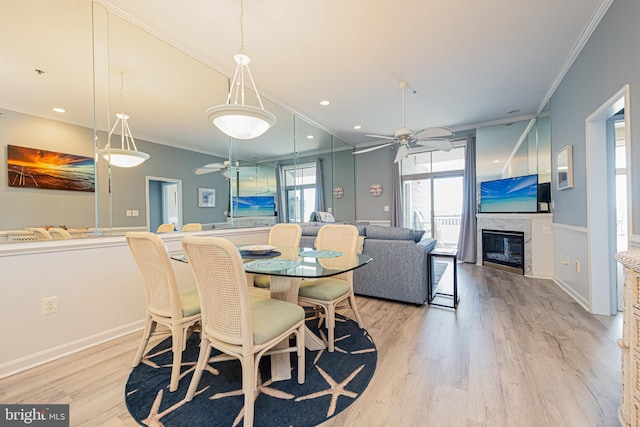 dining room featuring ceiling fan, light wood-type flooring, and crown molding