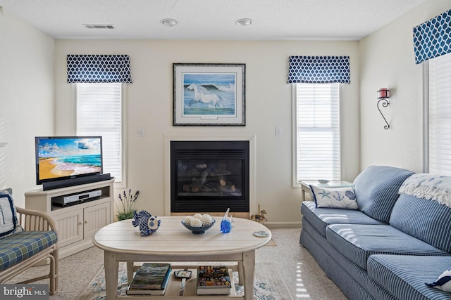 carpeted living room featuring a textured ceiling