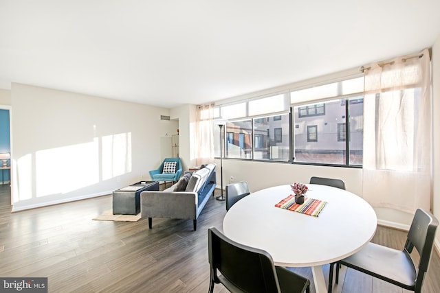 dining space featuring wood-type flooring