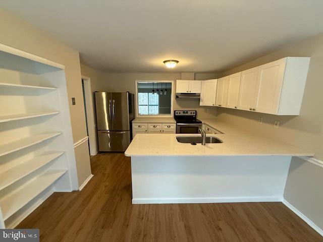 kitchen with kitchen peninsula, appliances with stainless steel finishes, dark hardwood / wood-style flooring, sink, and white cabinetry