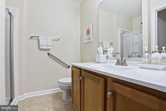 bathroom featuring tile patterned floors, walk in shower, vanity, and toilet