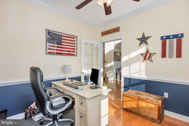 home office featuring ornamental molding, ceiling fan, light hardwood / wood-style flooring, and french doors