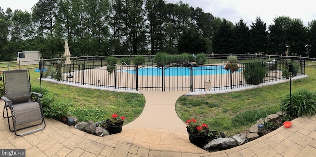 view of swimming pool featuring a patio and a yard