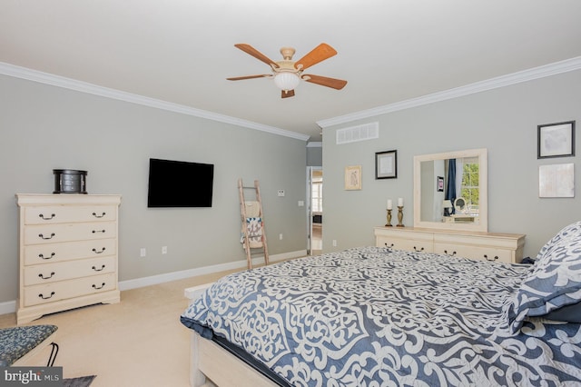 carpeted bedroom with ceiling fan and crown molding