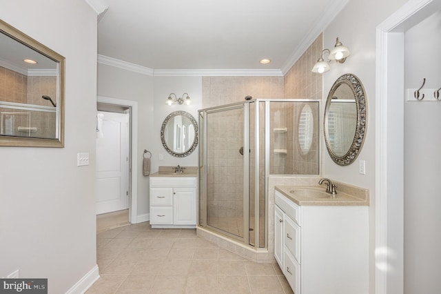 bathroom featuring tile patterned flooring, a shower with shower door, and ornamental molding