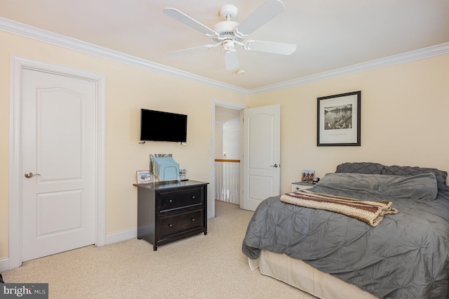 bedroom featuring light carpet, ceiling fan, and crown molding