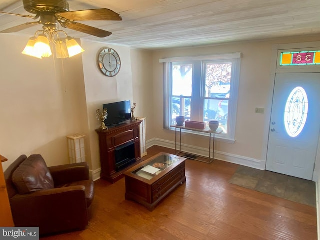 living room with hardwood / wood-style flooring and ceiling fan