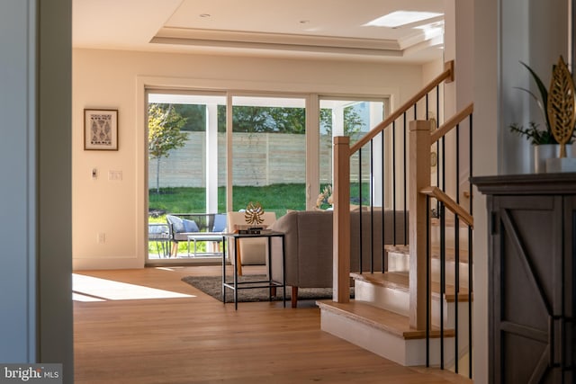 entryway featuring a raised ceiling and light wood-type flooring