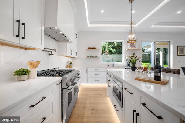 kitchen with white cabinets, a raised ceiling, double oven range, and premium range hood