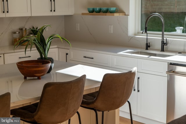 kitchen featuring tasteful backsplash, sink, white cabinets, and stainless steel dishwasher