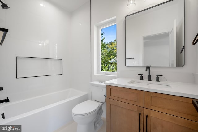 full bathroom with shower / bathing tub combination, vanity, toilet, and a healthy amount of sunlight