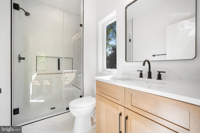 bathroom featuring vanity, toilet, and an enclosed shower