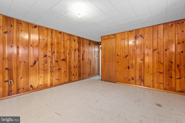 basement featuring wooden walls