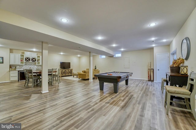 game room with wine cooler, light hardwood / wood-style flooring, and pool table