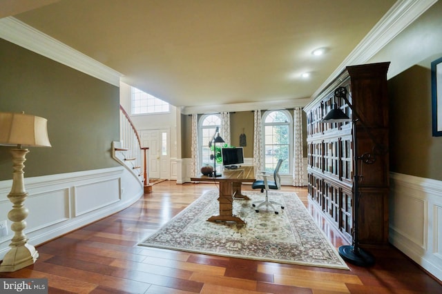 office space featuring crown molding and wood-type flooring