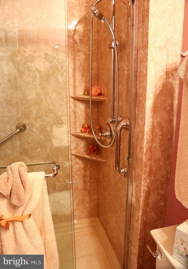 bathroom featuring a shower with shower door