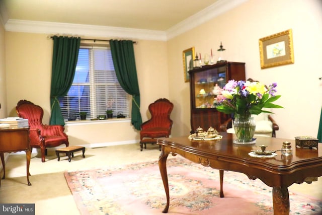 sitting room featuring carpet and crown molding