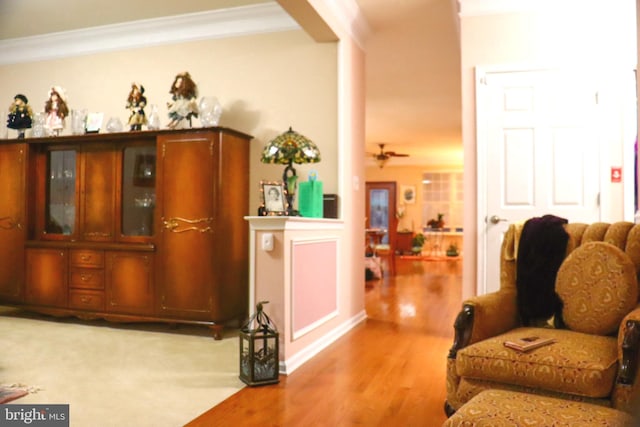 living area featuring ceiling fan, light hardwood / wood-style flooring, and ornamental molding