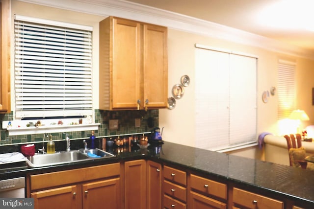 kitchen featuring dark stone countertops, tasteful backsplash, crown molding, and sink